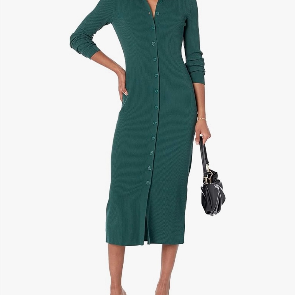 Green Sheath Dress with V-Neck and Cuffed Sleeves